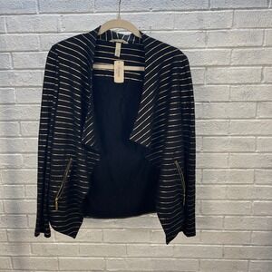 SOMA French Terry Open Front Jacket Black Gold Womens‎ S Quiet Luxury Glam Rock